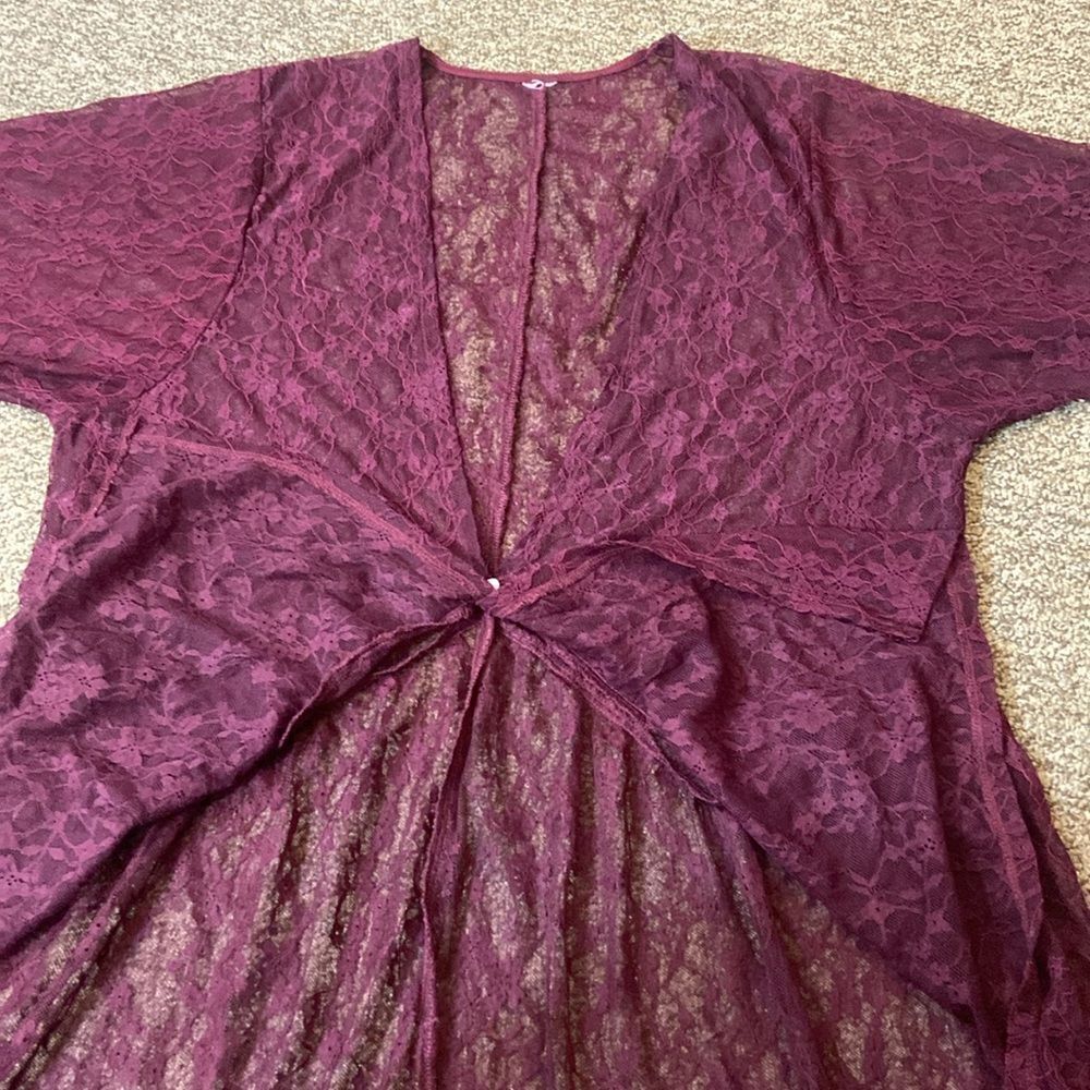 Time And Tru Lace Cardigan Maroon Peplum Ruffle Bel 3/4 Sleeves Tunic XXL - Picture 8 of 9